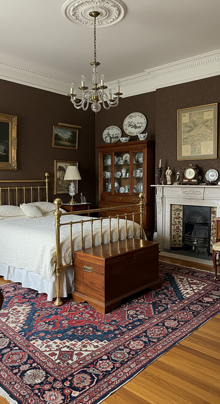 Klassieke Engelse slaapkamer met donkerhouten meubels, antiek en Perzisch tapijt.