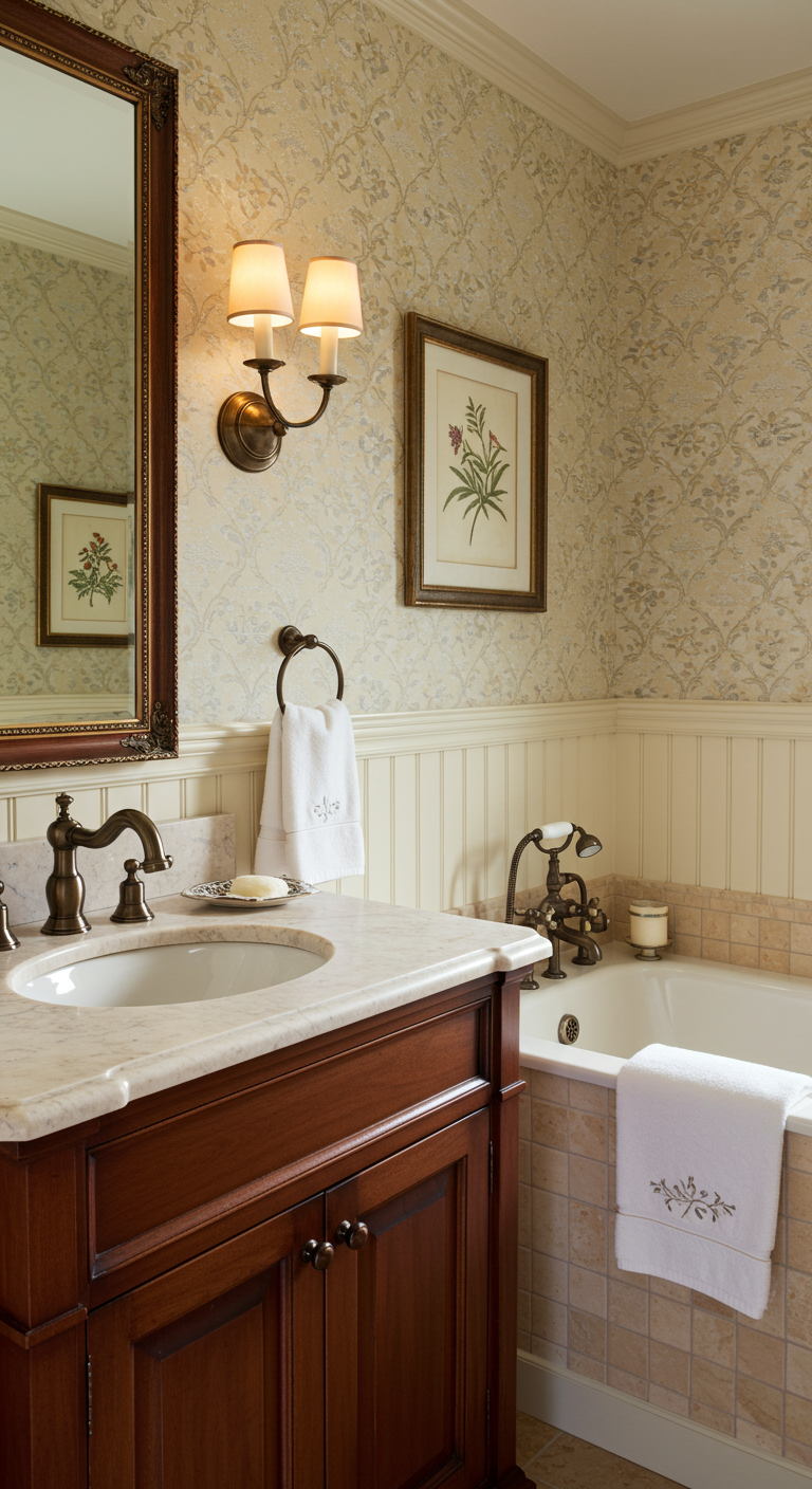Klassieke donkerbronzen wastafelkraan en badkraan in een crèmekleurige badkamer met lambrisering.