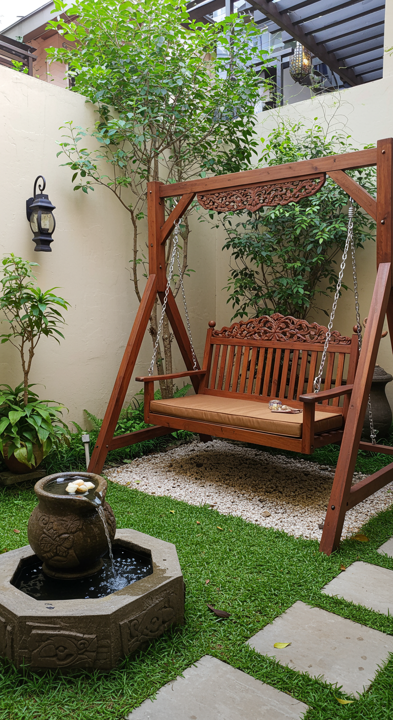 Donkerhouten schommelbank met houtsnijwerk in Aziatische tuin.