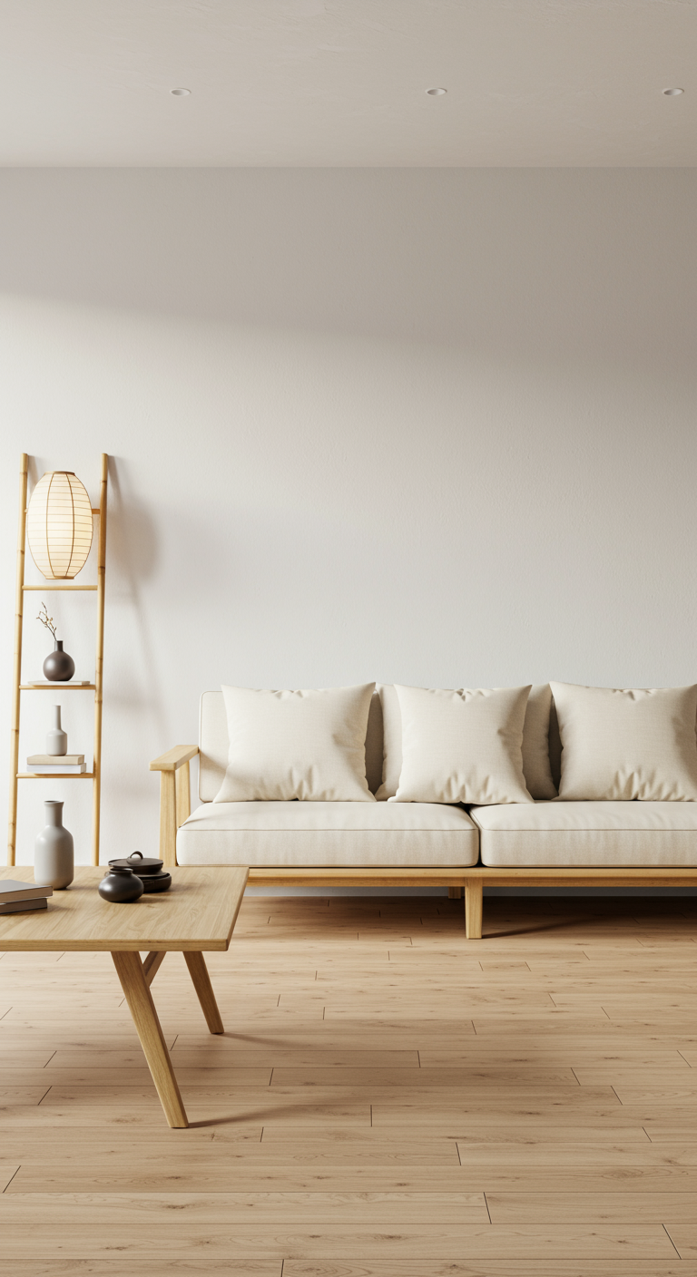 Japandi-stijl woonkamer met lichte houten bank, bamboe ladder en minimalistische decoratie.
