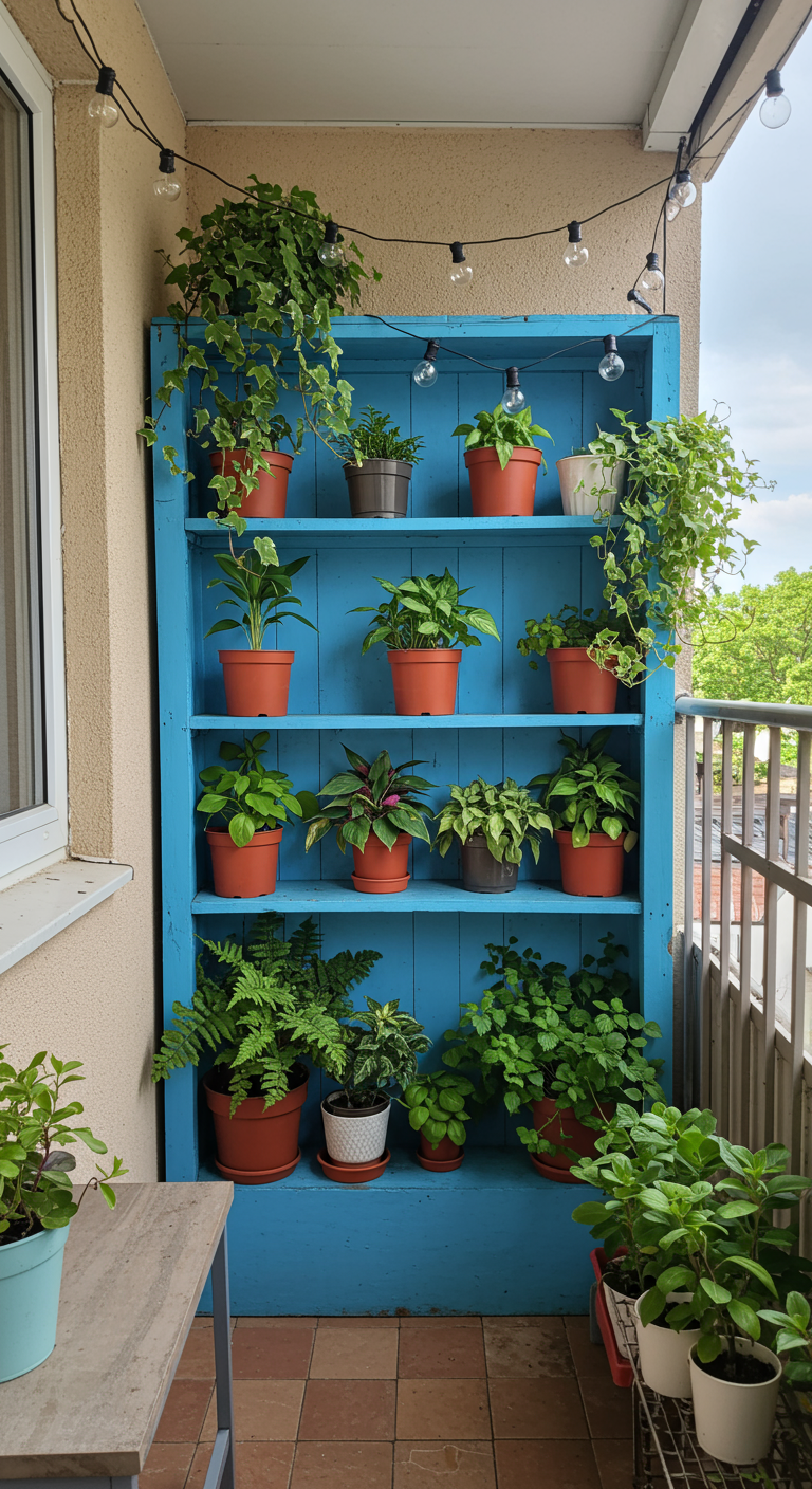 Felblauwe geverfde open houten kast gebruikt als plantenrek, gevuld met diverse planten.