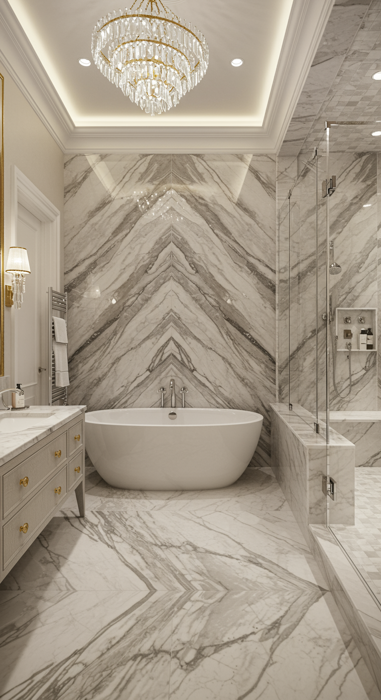 Moderne badkamer met een grote wand van bookmatched grijs-wit marmer achter een vrijstaand bad.