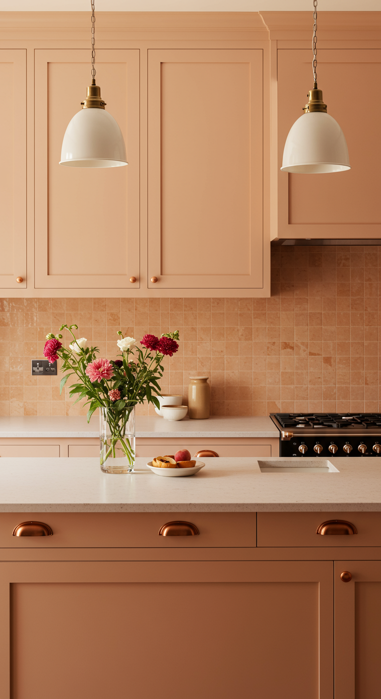 Perzikkleurige keuken met ton-sur-ton tegels en een vaas met bloemen.