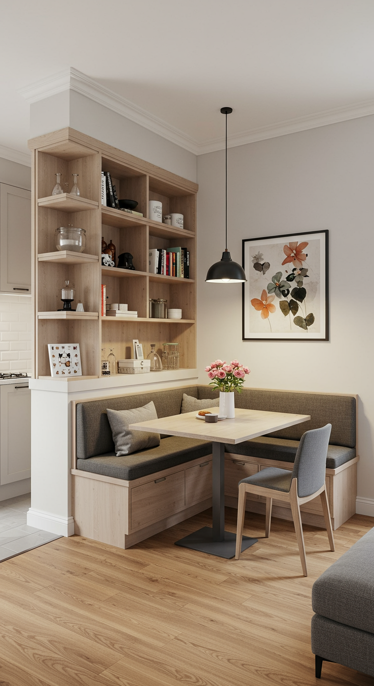 Compacte eethoek met ingebouwde bank, afgeschermd door een lichte houten open kast.