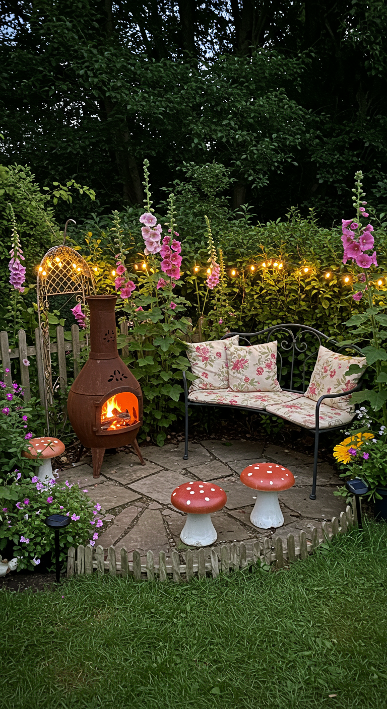 Tuinhoek met roestige chiminea, metalen bankje, paddenstoelkrukjes en bloemen.