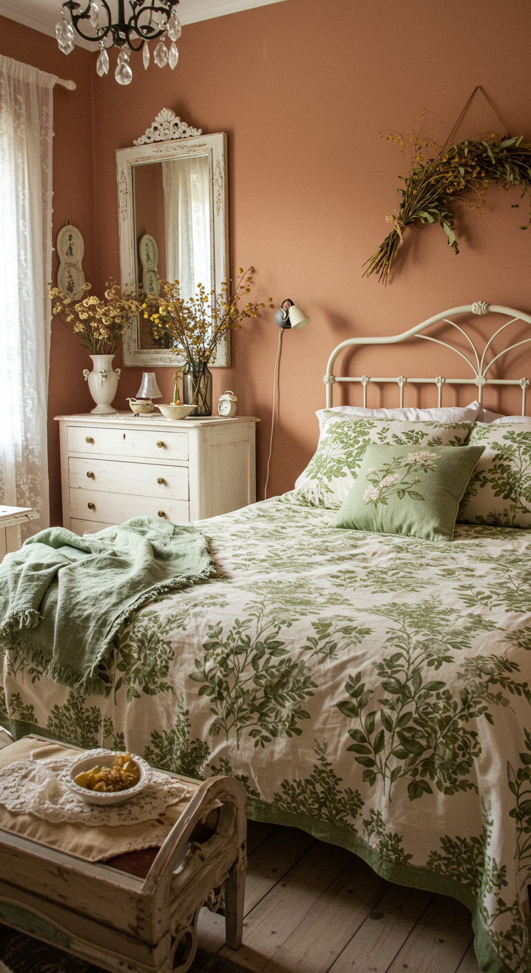 Landelijke slaapkamer met terracotta-roze muur, wit bed met groen-wit Toile de Jouy beddengoed.