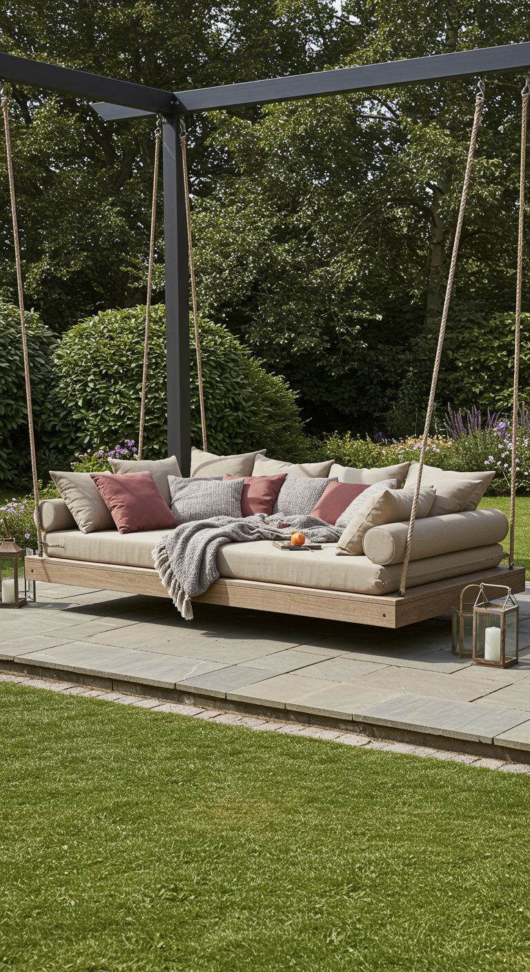 Groot houten schommelbed met veel beige en roze kussens en een grijs plaid, in een tuin.