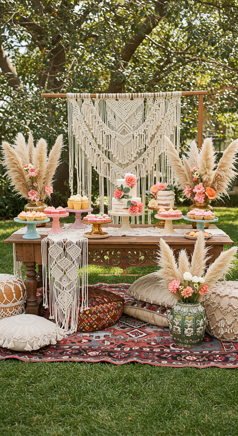 Bohemian sweet table met macramé backdrop, pampasgras, kussens en pastelkleurig gebak.