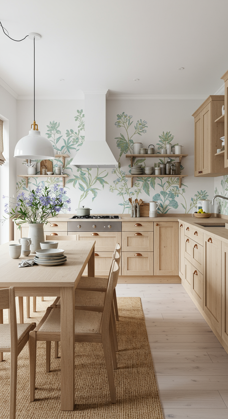 Houten keuken met botanisch behang en open planken met servies.