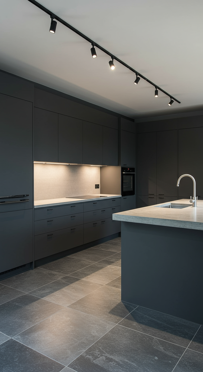 Moderne donkergrijze keuken met strakke lijnen, spotverlichting en een kookeiland.