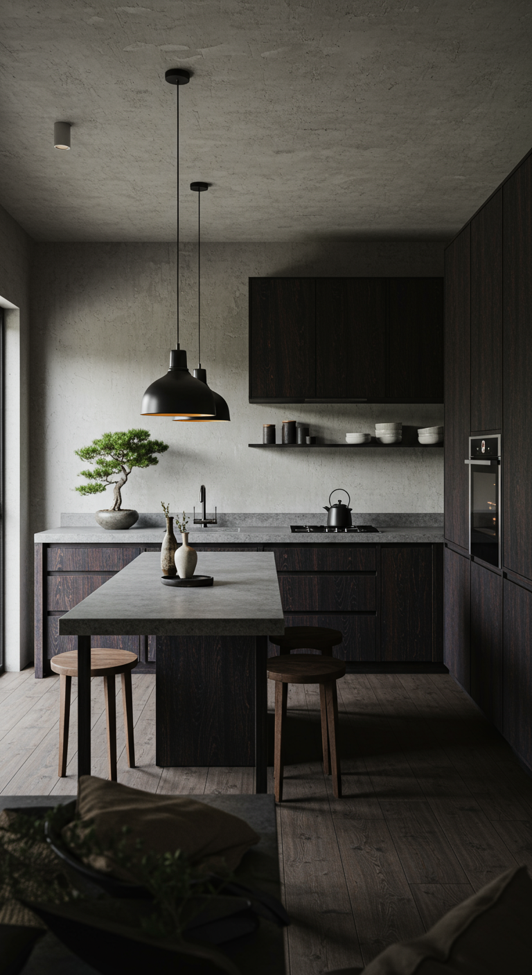 Donkere minimalistische keuken met betonnen look, bonsai en sfeerverlichting.