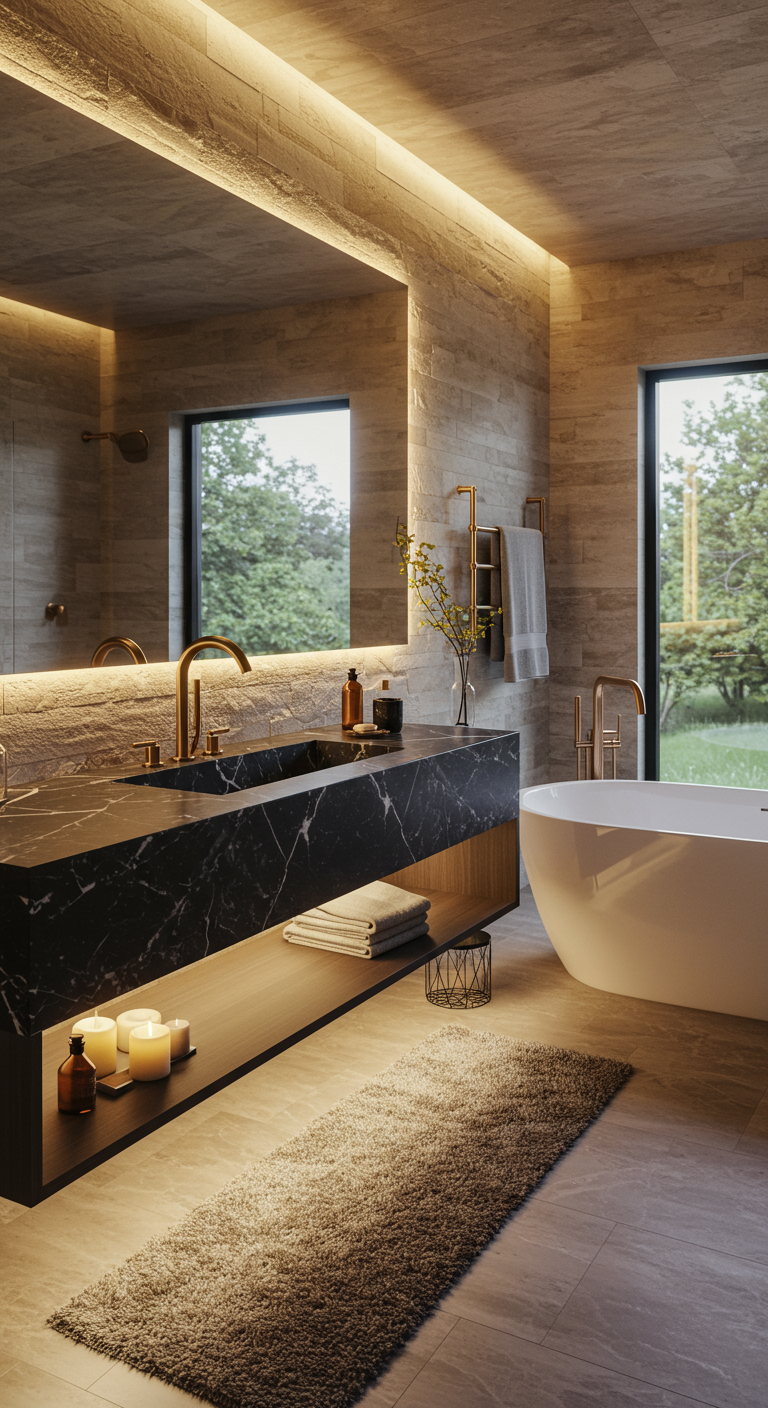 Luxe goudkleurige wastafelkraan op donker marmeren blad in sfeervol verlichte badkamer.