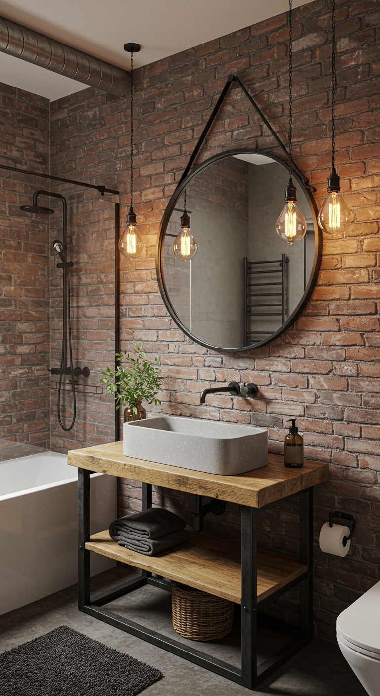 Industriële badkamer met bakstenen muur, ronde spiegel met leren band en Edison-lampen.