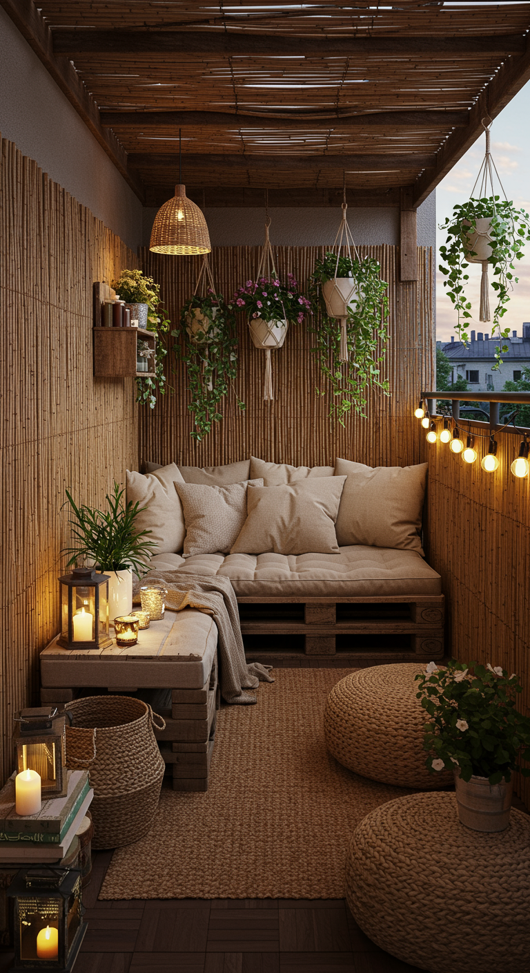 Knus balkon met palletbank, rieten matten, lichtsnoer en veel planten in natuurlijke potten.