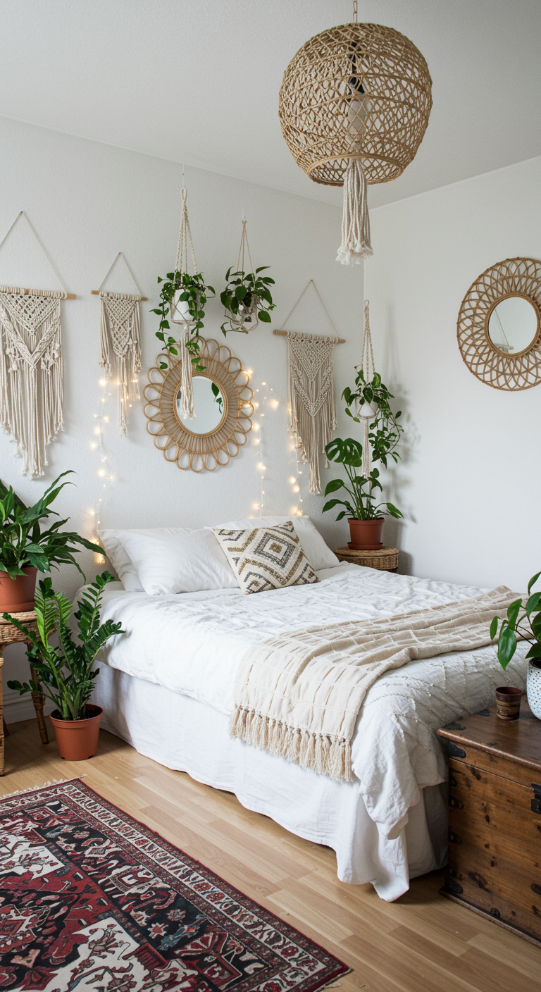 Bohemian witte slaapkamer met macramé, planten, rotan spiegel en lichtjes.