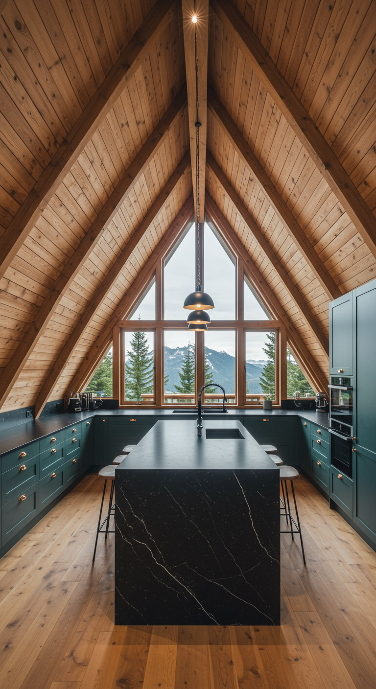 Ruime A-frame keuken met donkere kasten en groot raam.