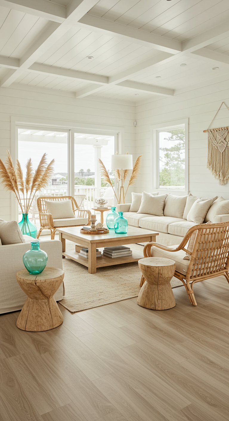 Lichte woonkamer in kuststijl met rotan meubels, houten accenten en turquoise decoratie.