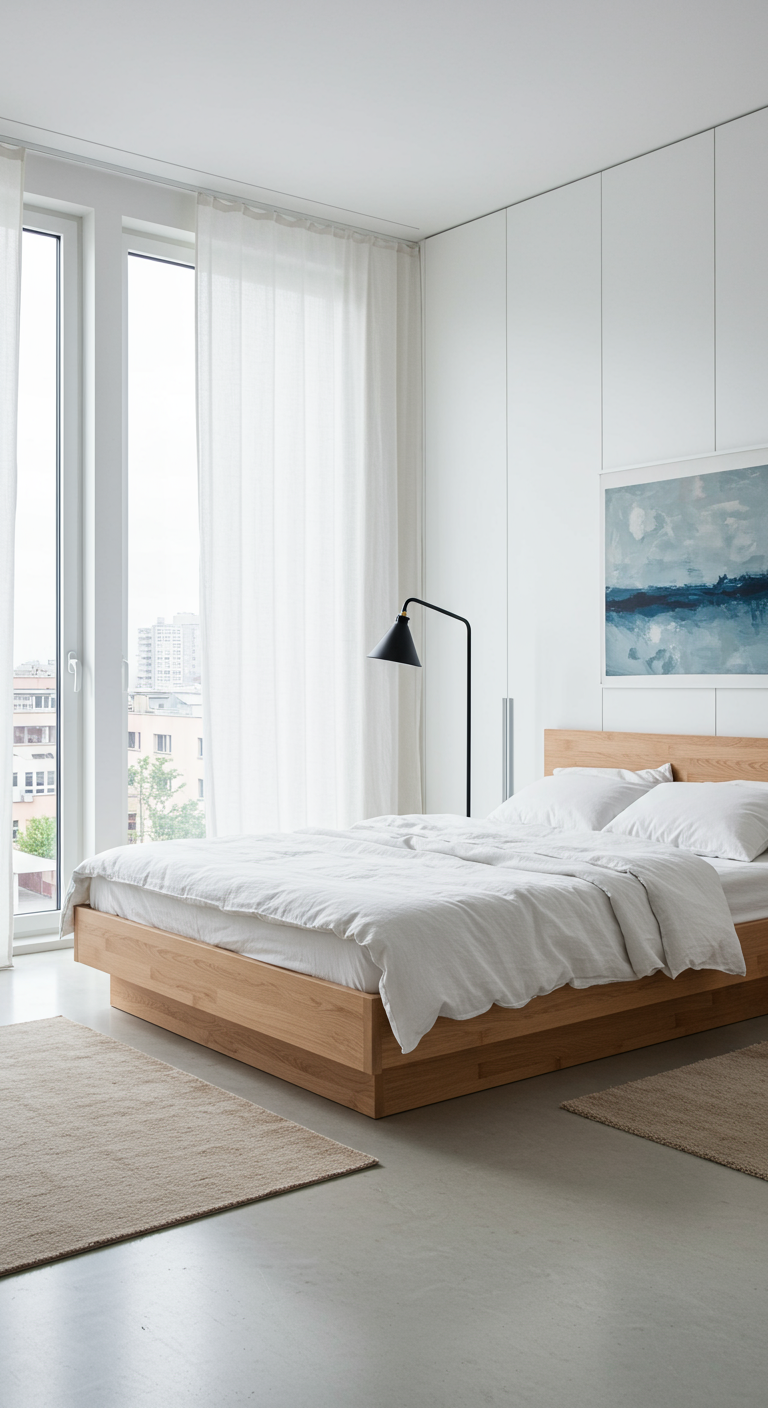 Minimalistische slaapkamer met laag houten bed, witte muren en groot raam.