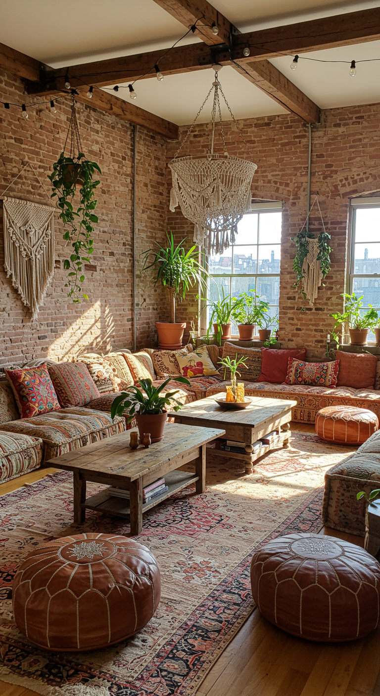 Ruime woonkamer met lage modulaire zitbanken, veel kussens en planten.