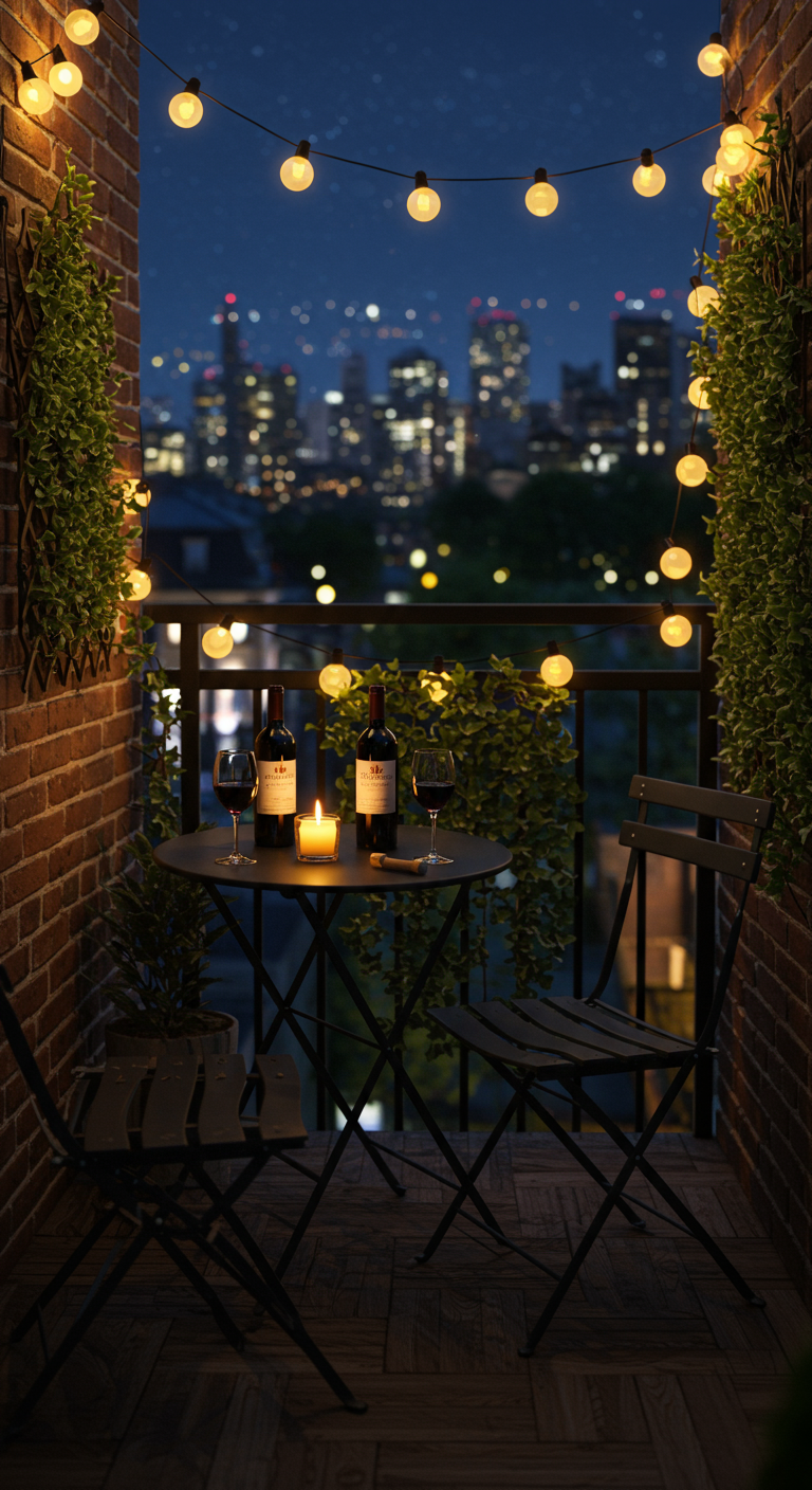 Balkon bistroset 's avonds verlicht met lichtsnoer en kaars, uitzicht op stad.
