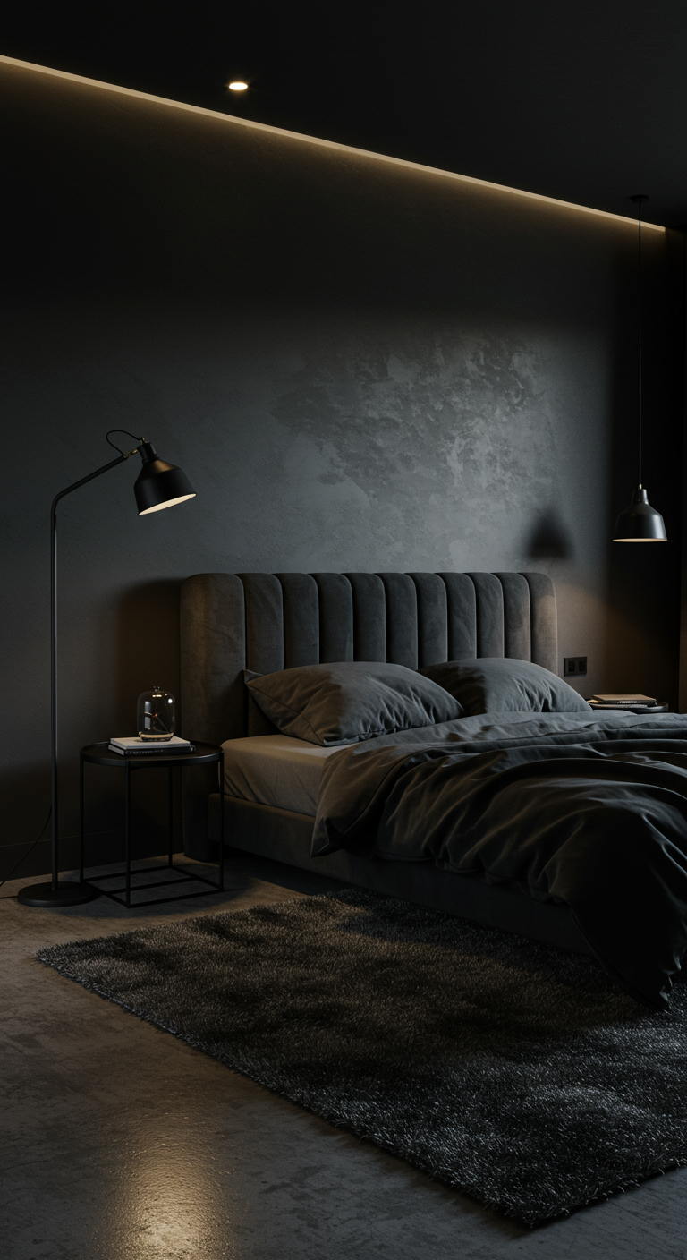 Donkere slaapkamer met zwart bed, fluwelen hoofdbord en zwarte muren met textuur.