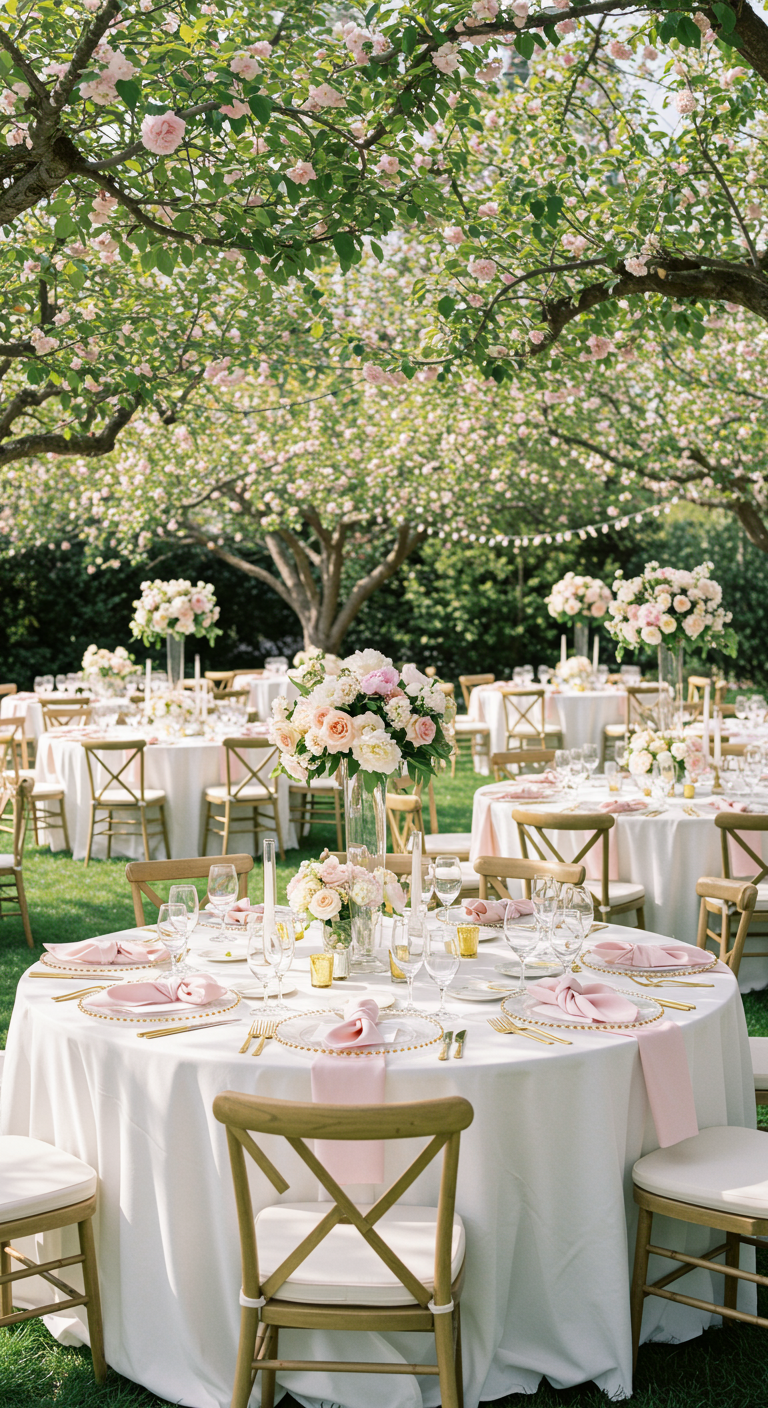 Elegante tuintafel met roze servetten en gouden accenten.
