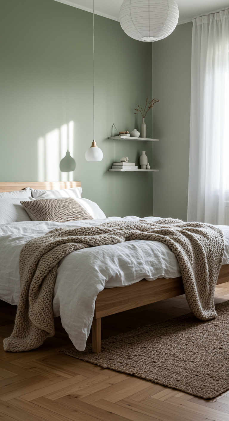 Lichte slaapkamer met saliegroene muur, houten bed met wit linnen en beige gebreide sprei.