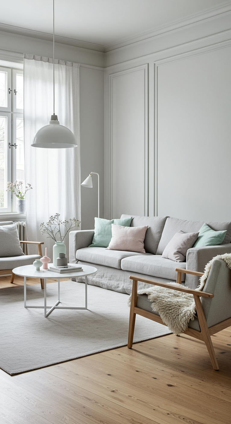 Lichte Scandinavische woonkamer met grijze muren en pastel accenten.