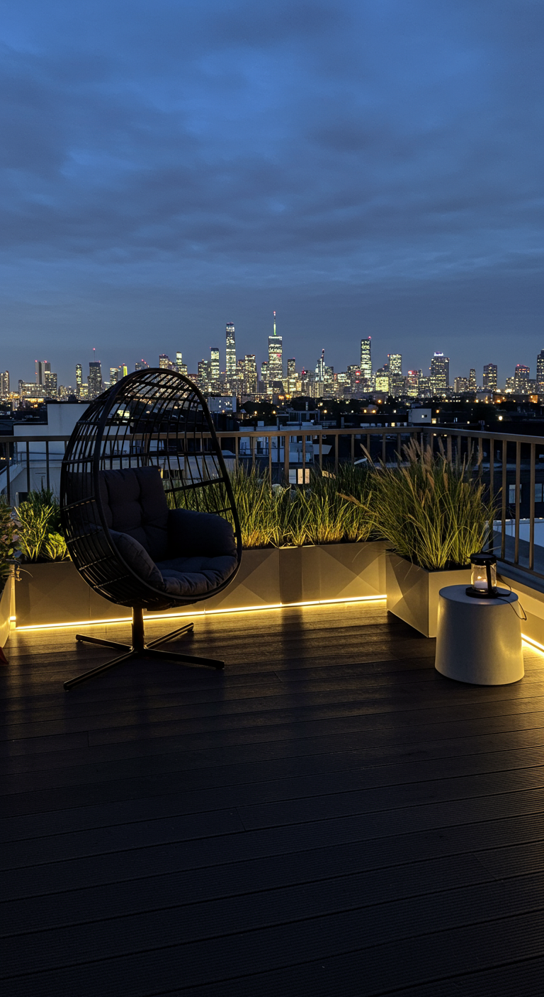 Zwarte eivormige hangstoel op een dakterras met uitzicht op de skyline van een stad bij nacht.