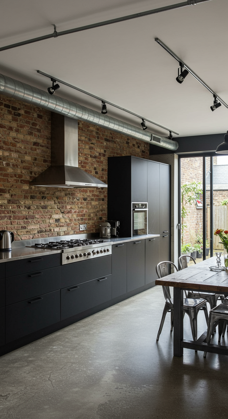 Industriële keuken met bakstenen muur, donkere kasten en metalen eettafel.