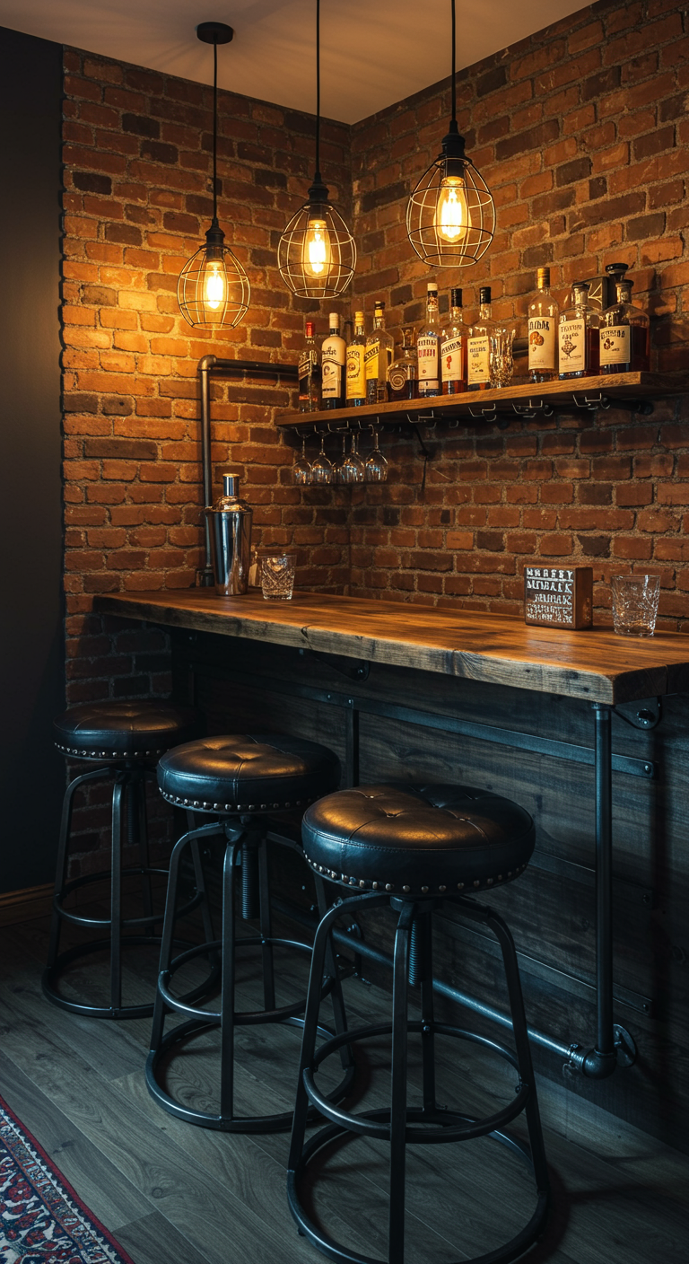 Industriële thuisbar met leren barkrukken, bakstenen muur en planken met drankflessen.