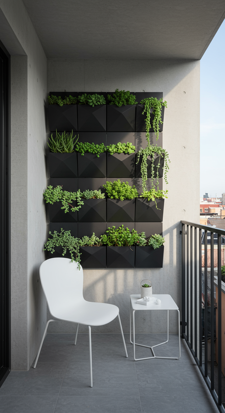 Moderne zwarte geometrische wandplanters met diverse groene planten tegen een betonnen muur.
