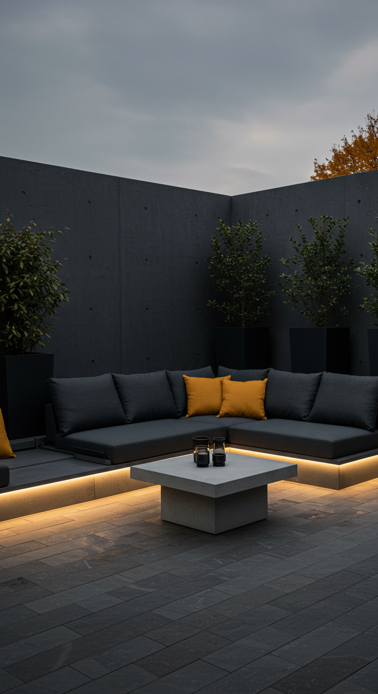 Moderne donkere tuin met loungebank, gele kussens en indirecte sfeerverlichting.