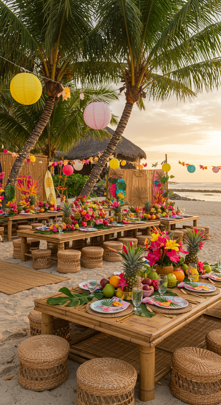 Tropische feesttafel op het strand met fruit en lampionnen.