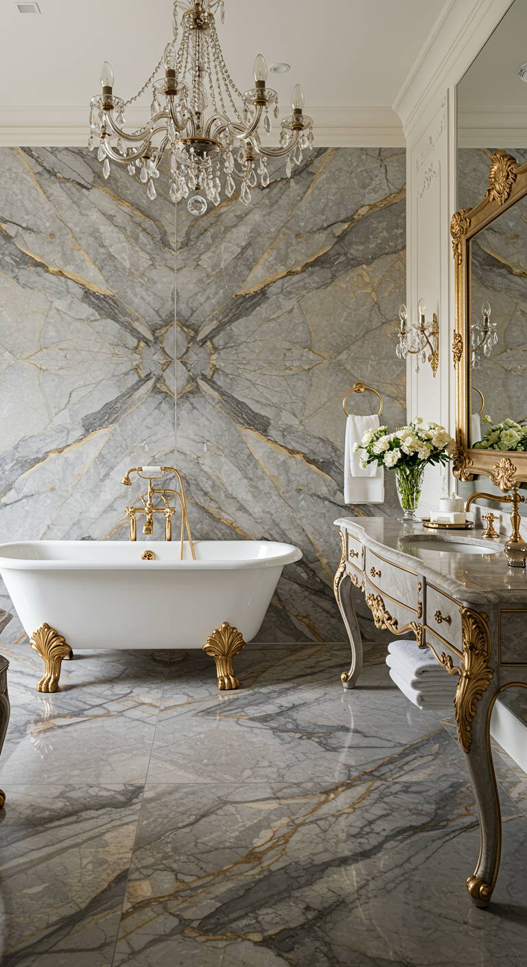 Luxe badkamer met bookmatched grijze marmerwand, klassiek bad en gouden details.