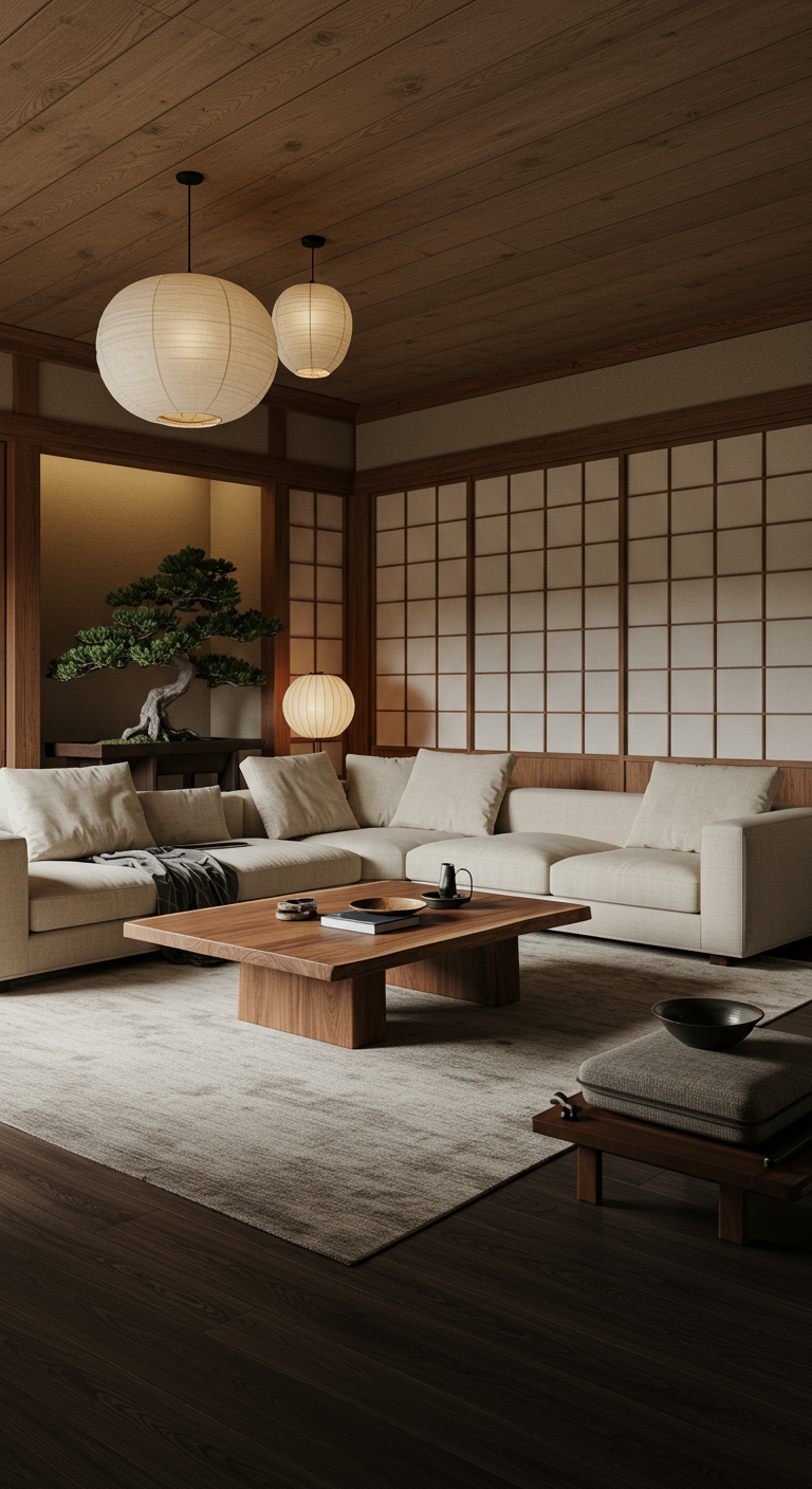Woonkamer in Japanse stijl met lage bank, houten tafel en shoji-schermen.
