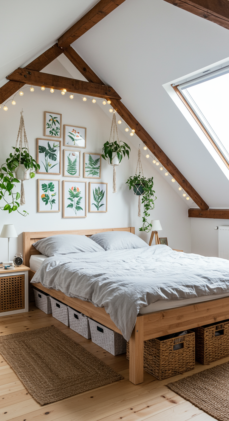 Lichte zolderkamer met houten balken, lichtsnoer, hangplanten en botanische prints.