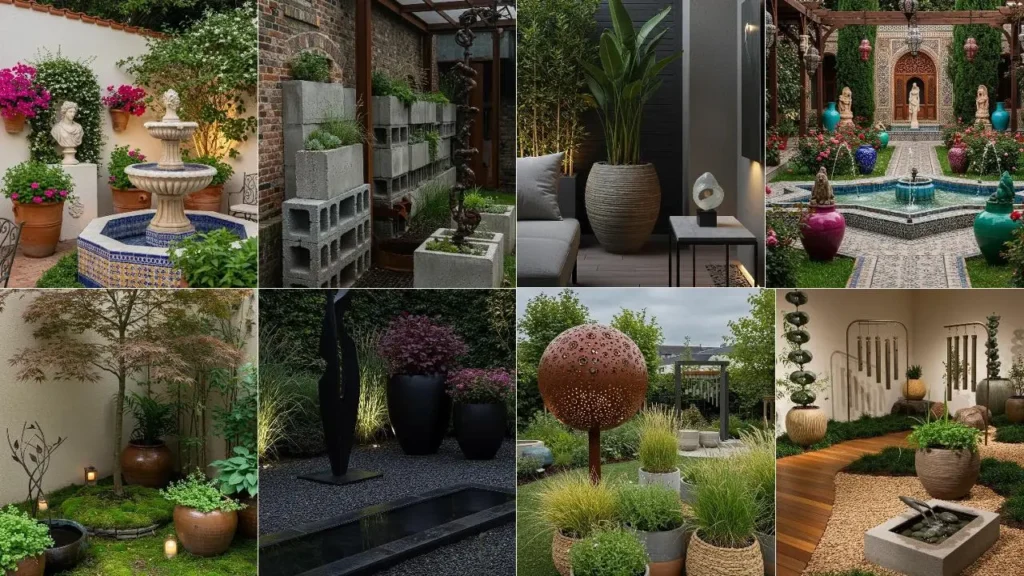 Diverse artistieke tuininstallaties met sculpturen, fonteinen en moderne designpotten.