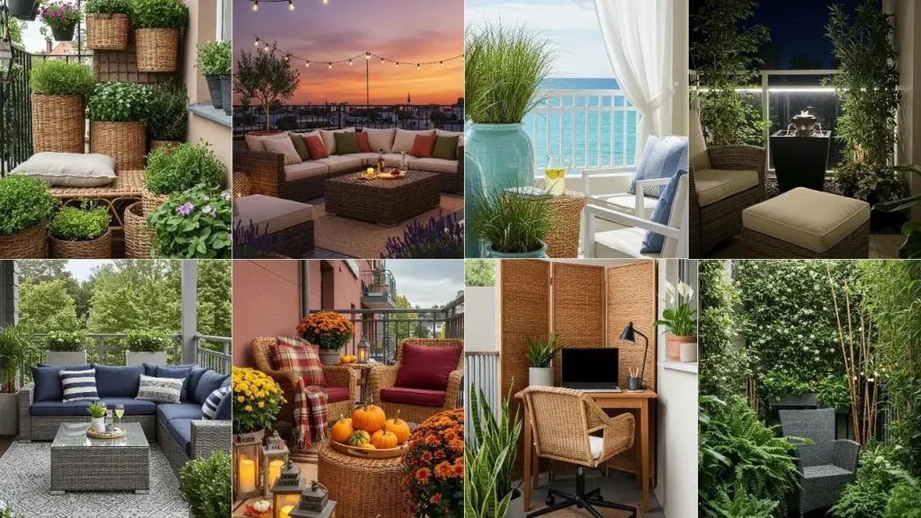 Rieten meubels op sfeervolle balkons: perfecte rustplek met planten, kussens en gezellige inrichting.