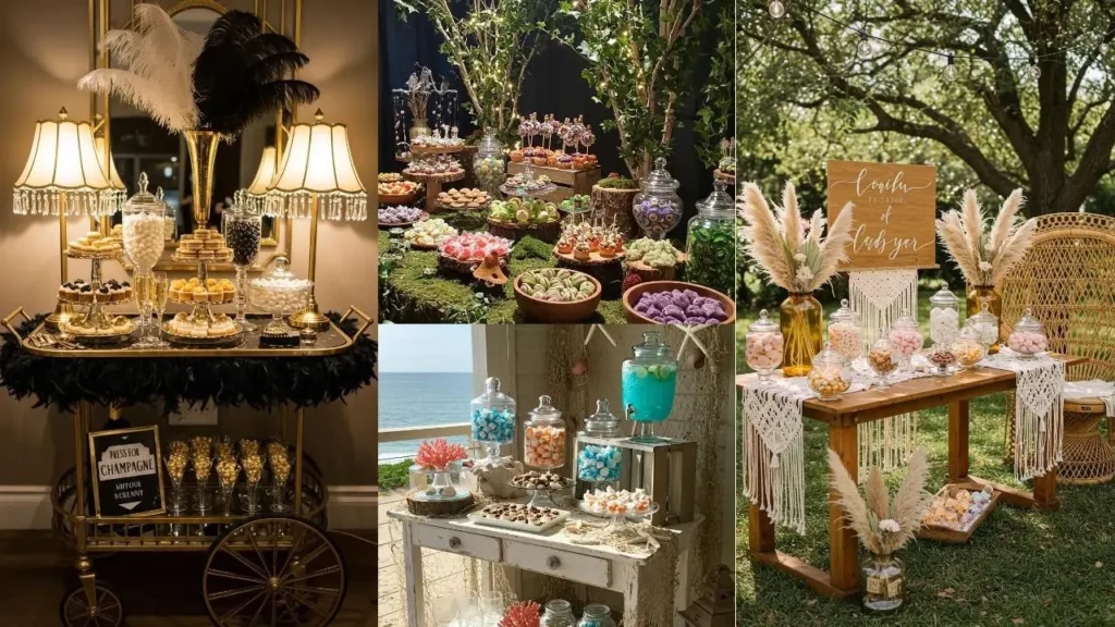 Collage van 4 inspirerende candy bars en desserthoekjes met snoepgoed en feestelijke decoraties.