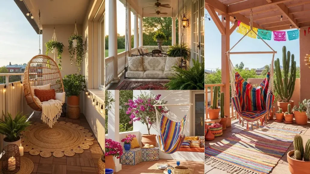 Collage van sfeervolle hangstoelen en vloerkleden voor inspiratie.