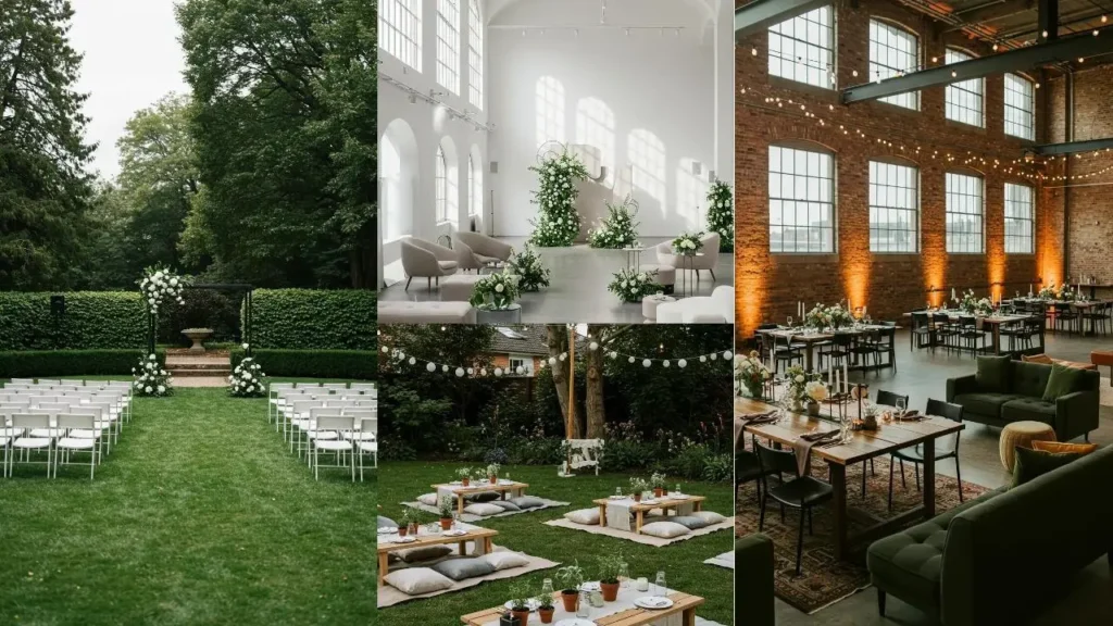 Diverse, informele en moderne trouwdecoraties, inclusief buiten- en binnenruimtes met bloemen en sfeervolle verlichting.