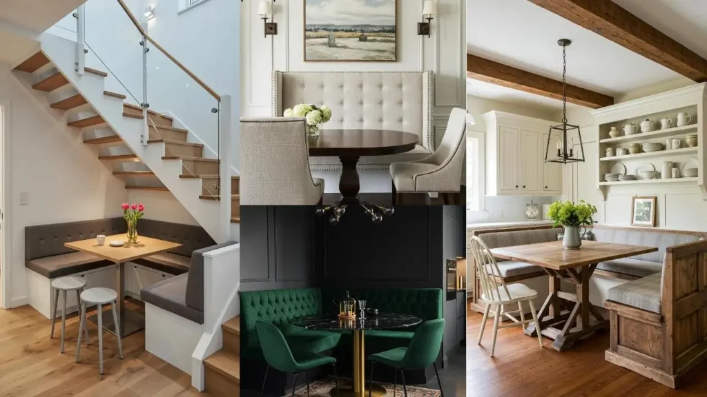 Eethoeken met banken: diverse hoekzitten en vaste zitoplossingen in modern en klassiek interieur.
