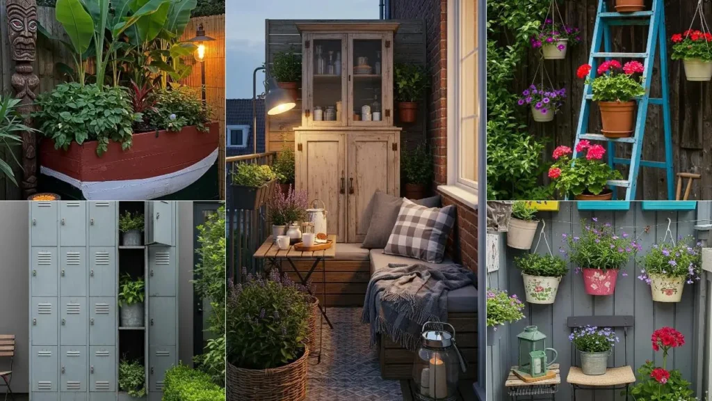 Oude meubels krijgen een nieuw leven in de tuin: boot, kast, ladder en lockers vol planten.
