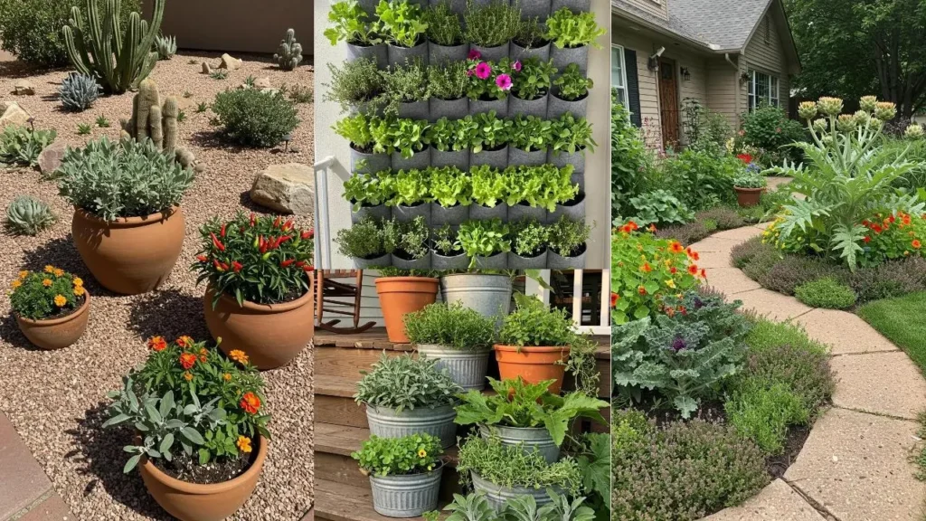 Combinaties van kruiden, bloemen en groenten in tuinen, potten en een verticale kruidentuin.