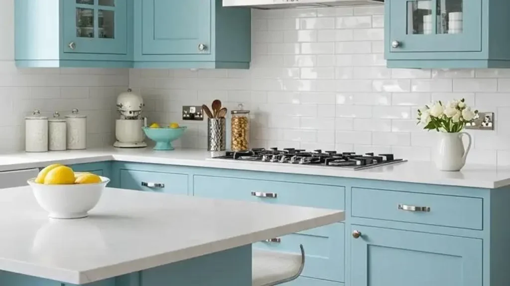 Sprankelende keuken met helderblauwe kasten, witte tegels en een aanrecht vol accessoires.