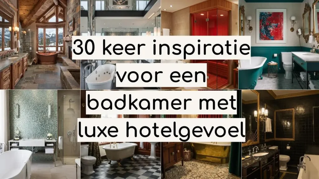 Collage van luxe badkamers. Inspiratie voor een badkamer met hotelgevoel: ligbaden, marmer, design elementen.