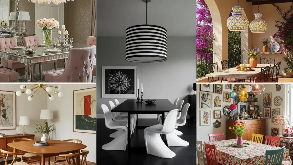 Inspiratie voor lampen boven de eettafel. Collage van verschillende eetkamers met hanglampen.