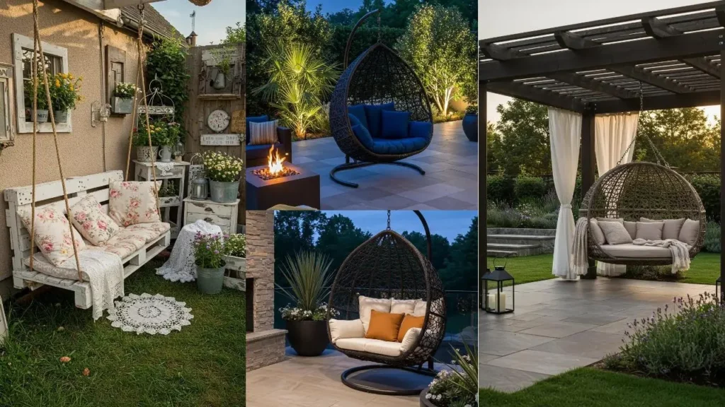 Collage van jaloersmakende tuinschommels: een palletschommelbank en twee hangende eierstoelen.