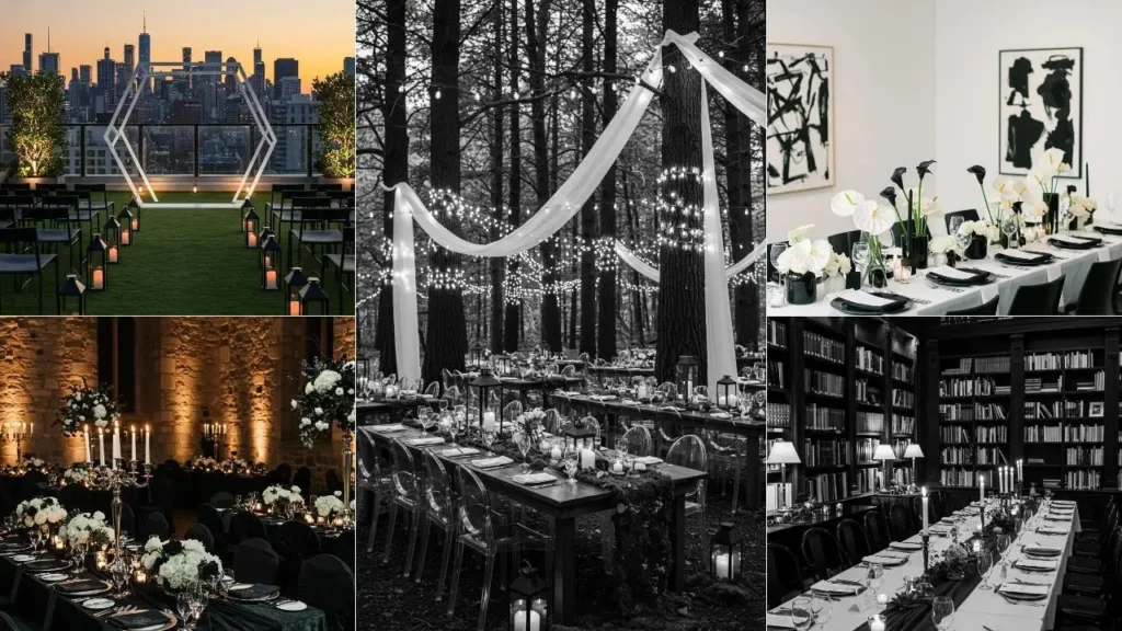 Inspiratie voor zwart-wit styling: diverse sfeervolle locaties en details in zwart-wit.